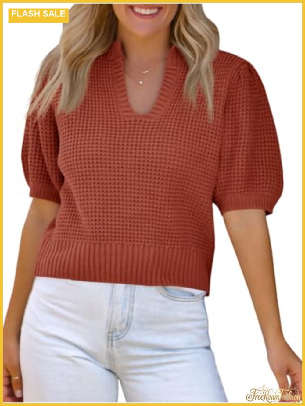 Waffle Knit Puff Short Sleeve V Neck Cropped Sweater Top